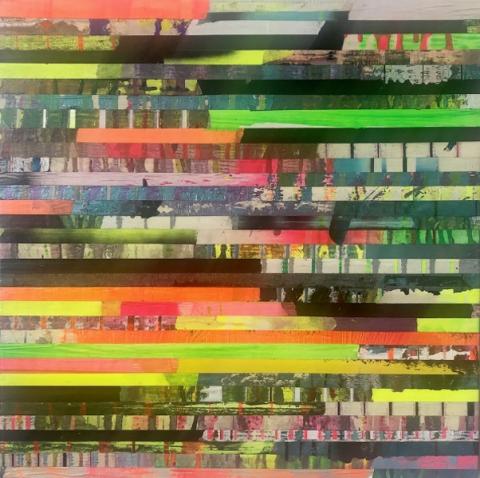 Paolo Bini, Paesaggio deframmentato, 2016, nastrocarta, smalto e acrilico su tela, cm 50x50