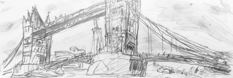 Timothy Hyman, Tower Bridge, 2018, matita su carta,15x35 cm
