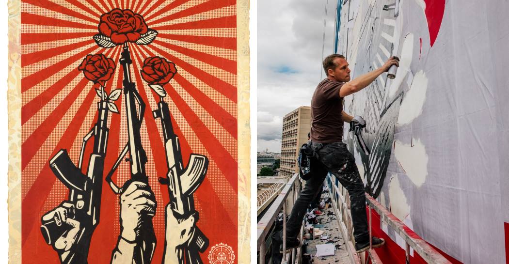 Shepard Fairey a sx Guns and Roses_ a dx Portrait, Photo by Jon Furlong