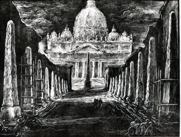 Mimì Quilici Buzzacchi, Gli obelischi, 1950, xilografia