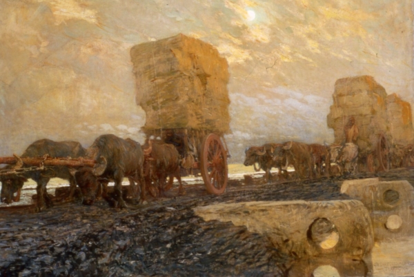 Giulio Aristide Sartorio, Carri di fieno a Terracina (Porto Traiano a Terracina), 1923, olio su tela
