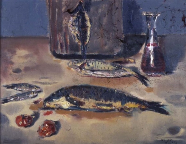 Filippo De Pisis, Natura morta (pesci e bottiglia), 1925, olio su tela
