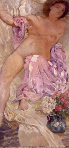 Adolfo De Carolis, Donna con fiori (Nudo di donna con rose), 1910, olio su tela