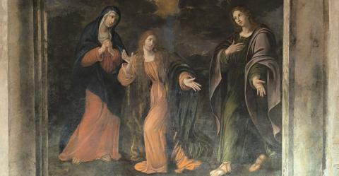 Suor Maria Eufrasia (Flavia Benedetti), La Vergine, la Maddalena e san Giovanni Evangelista, seconda metà del XVII secolo, olio su muro. Galleria d’Arte Moderna, Roma Suor Maria Eufrasia (Flavia Benedetti), La Vergine, la Maddalena e san Giovanni Evangelista, seconda metà del XVII secolo, olio su muro. Galleria d’Arte Moderna, Roma