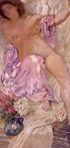 Adolfo De Carolis, Donna con fiori (Nudo di donna con rose) (1910), olio su tela