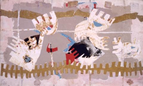Giuseppe Capogrossi, Superficie 572, 1955, tecnica mista e collage su tela