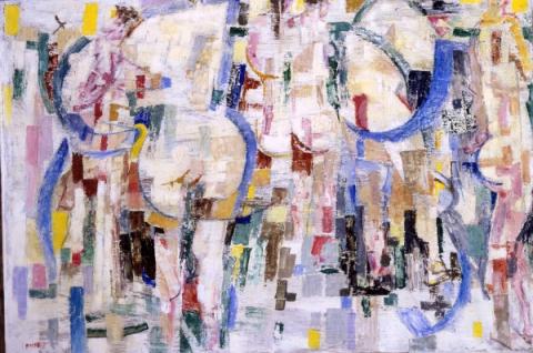 Fausto Pirandello, Bagnanti nella rifrazione (Bagnanti nella luce), 1959 ca., olio su cartone
