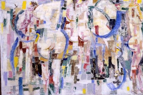 Fausto Pirandello, Bagnanti nella rifrazione (Bagnanti nella luce), 1959 ca., olio su cartone