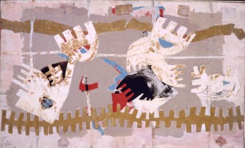 Giuseppe Capogrossi, Superficie 572, 1955, tecnica mista e collage su tela